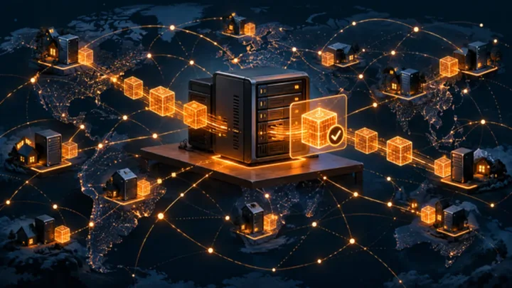 Stylized compact computer validating Bitcoin blocks on a distributed network