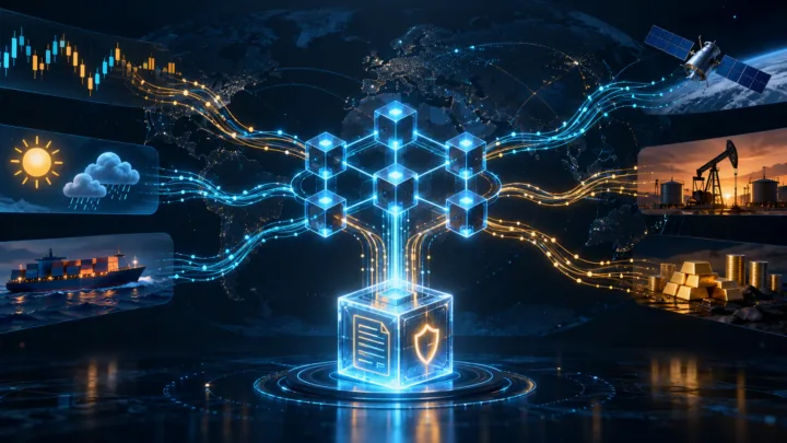 Réseau oracle stylisé transmettant plusieurs données de marché à un smart contract