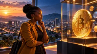 Entrepreneuse observant une pièce Bitcoin derrière une vitre devant Kampala