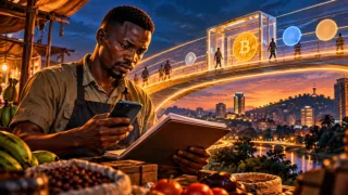 Ugandan merchant reviewing documents and a phone beside a Bitcoin gateway