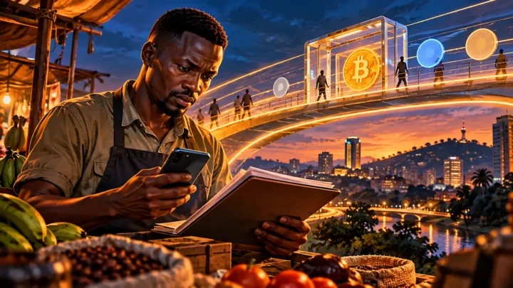 Ugandan merchant reviewing documents and a phone beside a Bitcoin gateway