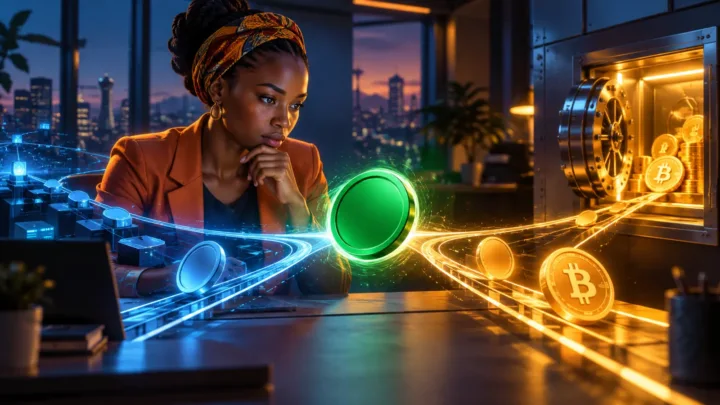 Analyste ougandaise observant un jeton vert entre deux rails numériques