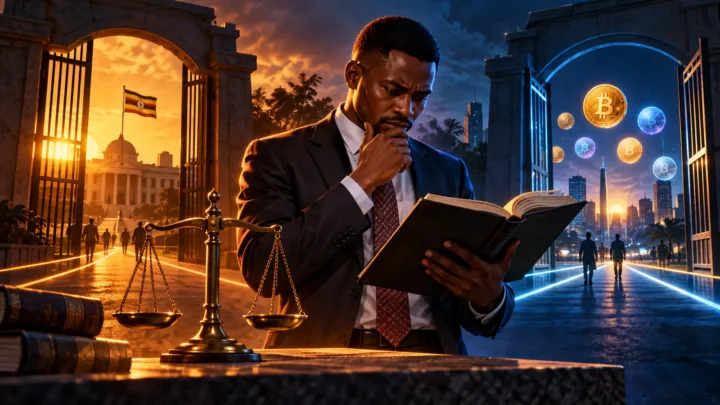 Ugandan lawyer studying a book beside scales and two doors