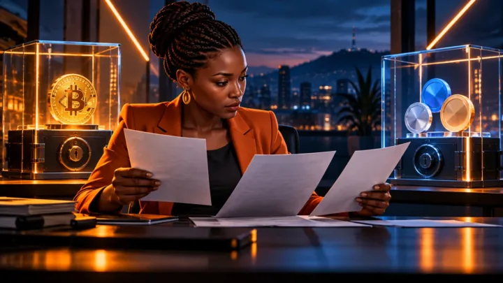 Mtaalamu wa Uganda akilinganisha nyaraka karibu na safu za kuhifadhia kidijitali zilizo chini ya kioo
