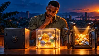 Ugandan entrepreneur examining three different digital vaults