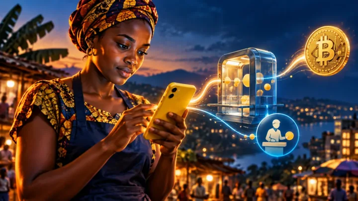 Utilisatrice ougandaise observant un téléphone jaune relié à un sas avant une pièce Bitcoin