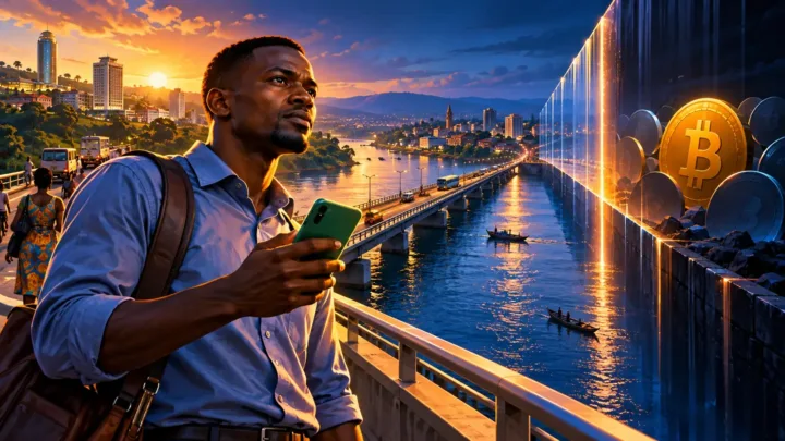 African professional holding a green phone near a corridor between two cities