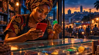 Commerçante ougandaise examinant un téléphone rouge et un jeton vert dans une boutique