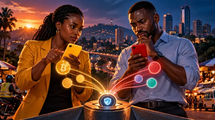 Ugandan professionals comparing a yellow phone with a red phone
