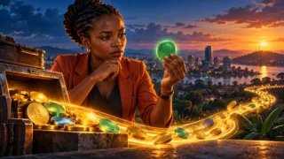 Analyste ougandaise observant un jeton vert entre un coffre et un flux lumineux
