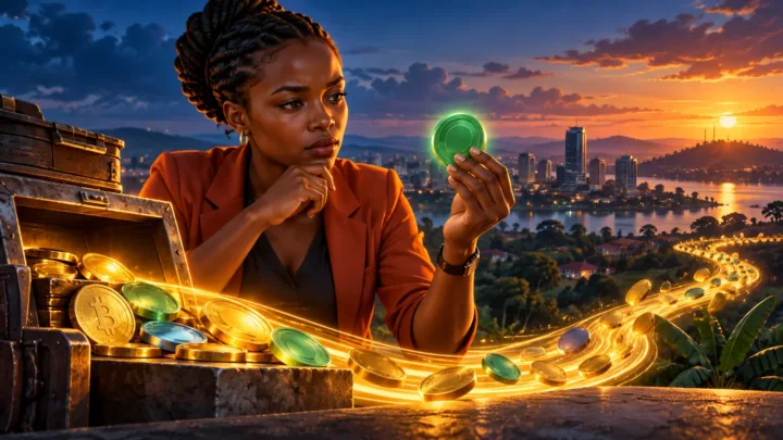 Ugandan analyst observing a green token between a vault and a stream of light