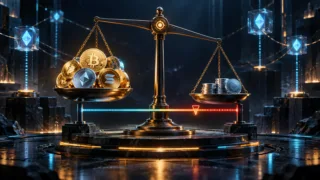 Balance stylisée entre garantie crypto, dette et seuil de liquidation