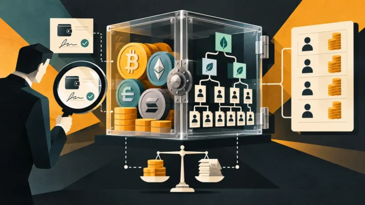 Balance stylisée comparant réserves crypto et passifs clients d’un exchange