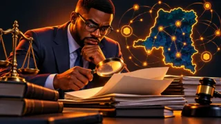 Analyste congolais examinant des documents et une carte numérique avec une loupe