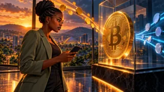 Professionnelle observant une pièce Bitcoin lumineuse devant les collines de Kigali