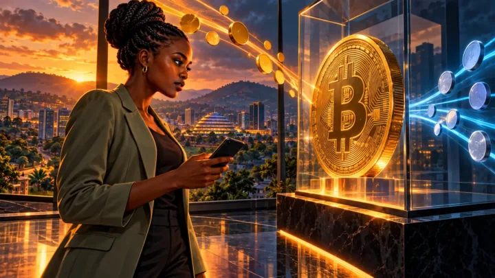 Professionnelle observant une pièce Bitcoin lumineuse devant les collines de Kigali