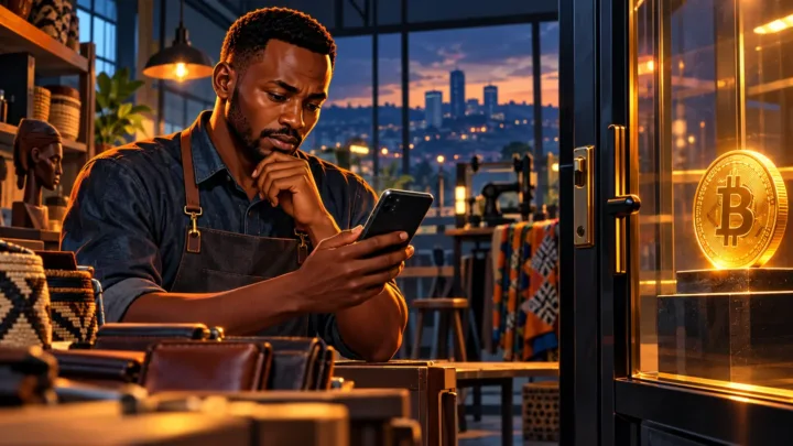 Acheteur rwandais contrôlant un téléphone devant une passerelle Bitcoin sécurisée