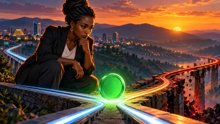 Professionnelle examinant un token vert entre des rails numériques devant Kigali