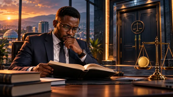 Rwandan lawyer examining a book beside scales in an office
