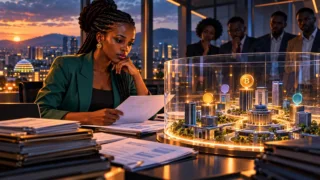 Analyste étudiant un dossier près d’une maquette financière sous verre devant Kigali