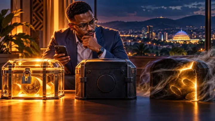 Utilisateur rwandais comparant trois coffres numériques devant Kigali