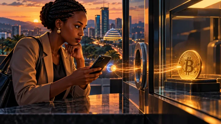 Utilisatrice observant un téléphone et une pièce Bitcoin derrière une vitre