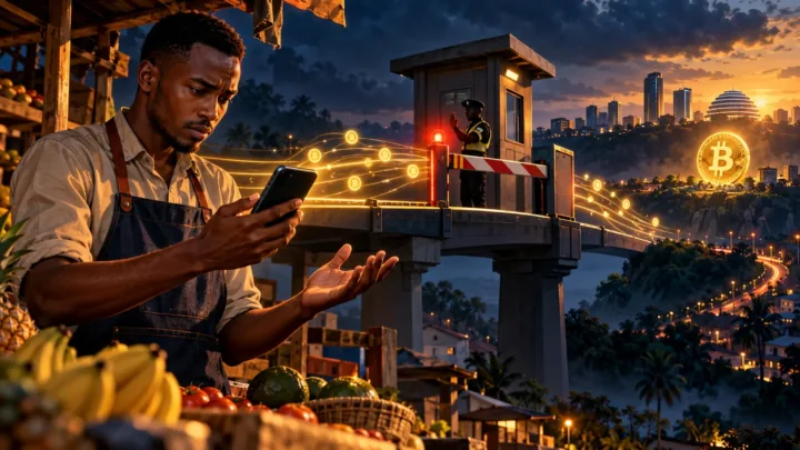 Commerçant rwandais vérifiant un parcours mobile vers Bitcoin devant une barrière
