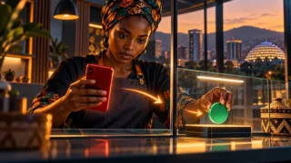 Commerçante comparant un téléphone rouge et un token vert dans une vitrine