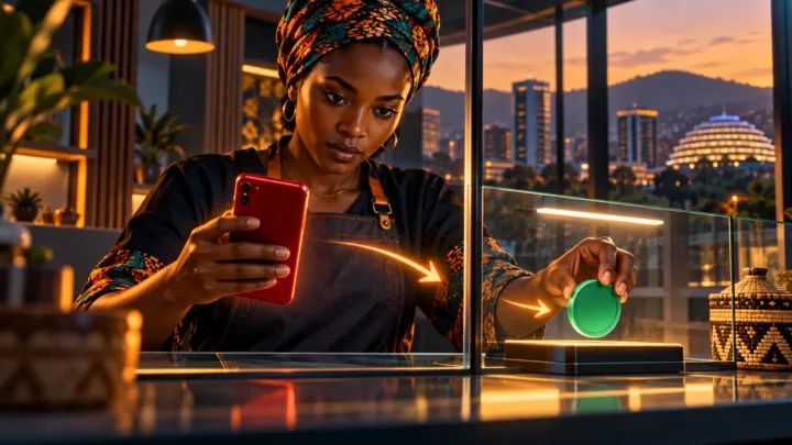 Commerçante comparant un téléphone rouge et un token vert dans une vitrine
