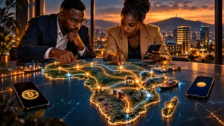 Professionnels africains examinant des corridors de paiement sur une carte abstraite