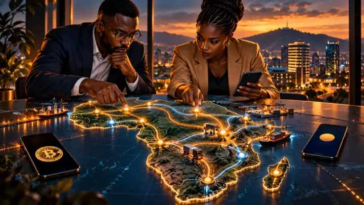 Professionnels africains examinant des corridors de paiement sur une carte abstraite