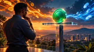 Entrepreneur rwandais observant un token vert en équilibre devant Kigali