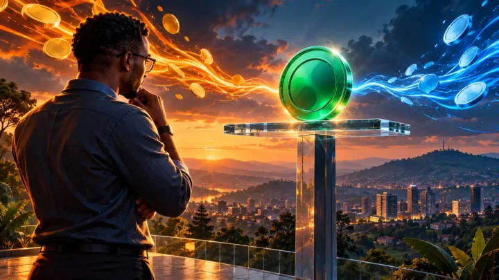 Entrepreneur rwandais observant un token vert en équilibre devant Kigali