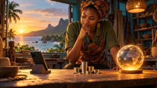Une entrepreneuse santoméenne compare un téléphone, des pièces neutres et une sphère numérique dans un atelier côtier fictif.
