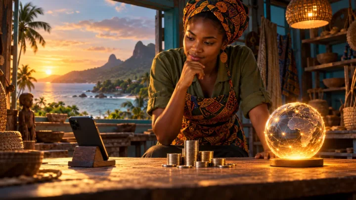 Une entrepreneuse santoméenne compare un téléphone, des pièces neutres et une sphère numérique dans un atelier côtier fictif.