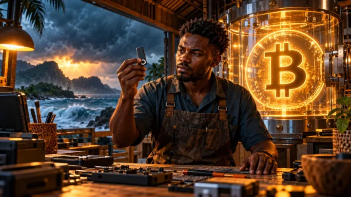 Un technicien santoméen examine un portefeuille matériel et une pièce Bitcoin lumineuse dans son atelier fictif.