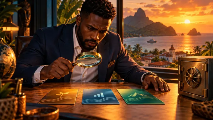 A São Toméan entrepreneur examines three abstract proposals through a magnifying glass beside a locked safe.