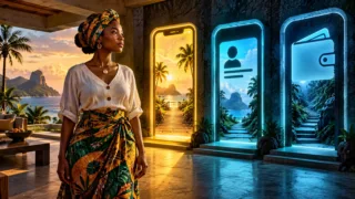Santoméan woman comparing three fictional steps symbolizing a phone, identity and wallet.
