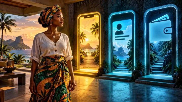 Santoméan woman comparing three fictional steps symbolizing a phone, identity and wallet.