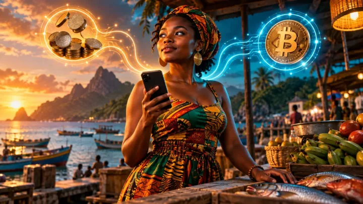 Une cliente santoméenne tient un téléphone devant deux circuits séparés, l’un monétaire et l’autre associé à Bitcoin.