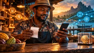 Un commerçant santoméen compare un reçu neutre et un téléphone près d’un jeton dollar sur des circuits distincts.
