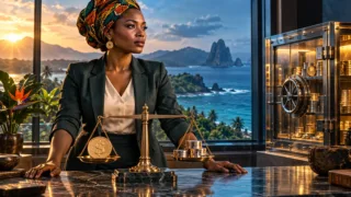 A São Toméan entrepreneur compares a dollar token with neutral coins on a balance scale in front of a transparent safe.