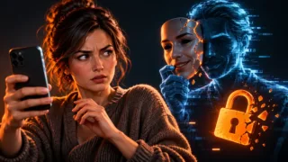 Femme vérifiant un appel devant une silhouette holographique trompeuse