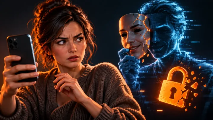 Femme vérifiant un appel devant une silhouette holographique trompeuse