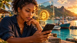 Une utilisatrice seychelloise examine un téléphone près du port de Victoria, avec un symbole Bitcoin lumineux en arrière-plan.