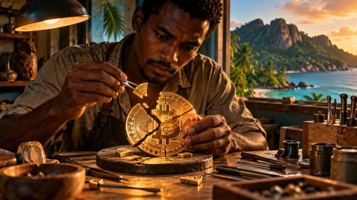 Un artisan seychellois examine les fragments d’un disque Bitcoin lumineux sur son établi.