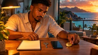 A Seychellois user prepares a notebook, a key and a phone before a Bitcoin transaction.