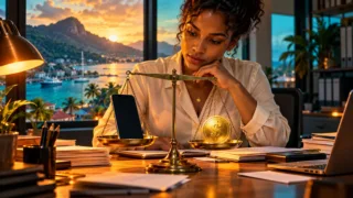 Une comptable seychelloise compare un téléphone et un jeton dollar avec une balance sur son bureau.