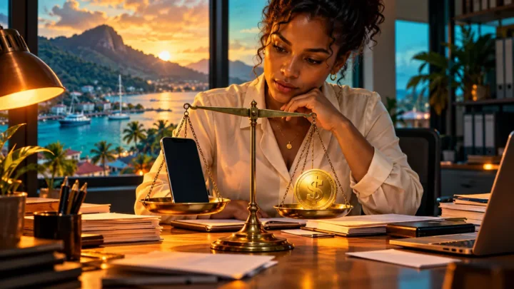 Une comptable seychelloise compare un téléphone et un jeton dollar avec une balance sur son bureau.