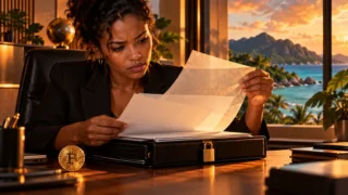 Une juriste seychelloise examine un certificat vierge et un dossier sous une lumière orange, sans sceau officiel.